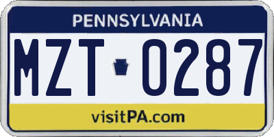 PA license plate MZT0287