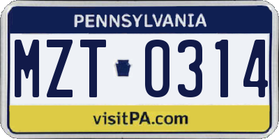 PA license plate MZT0314
