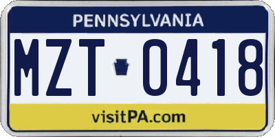 PA license plate MZT0418