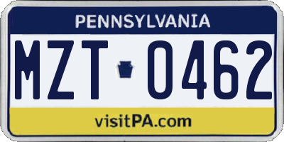 PA license plate MZT0462