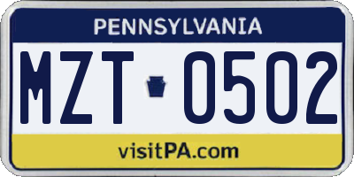 PA license plate MZT0502