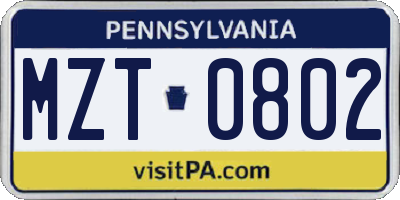 PA license plate MZT0802