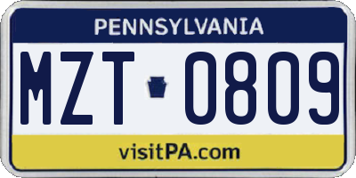 PA license plate MZT0809