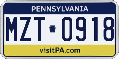 PA license plate MZT0918