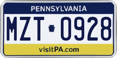 PA license plate MZT0928