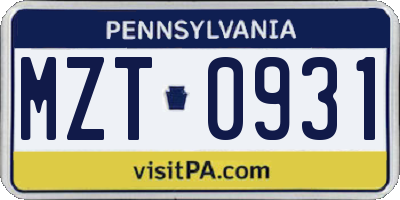 PA license plate MZT0931