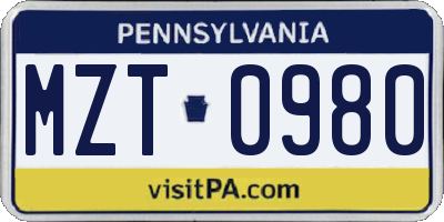 PA license plate MZT0980
