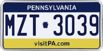 PA license plate MZT3039