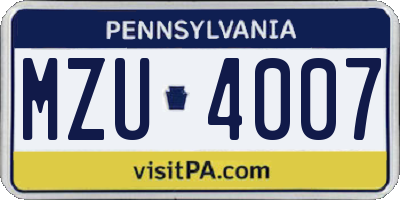 PA license plate MZU4007