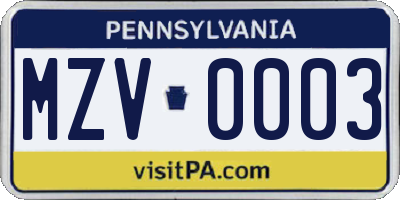 PA license plate MZV0003