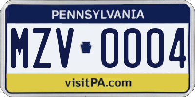 PA license plate MZV0004