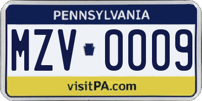 PA license plate MZV0009