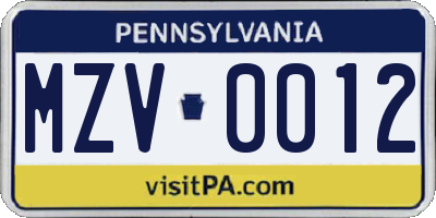 PA license plate MZV0012