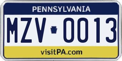 PA license plate MZV0013