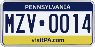 PA license plate MZV0014