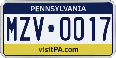 PA license plate MZV0017