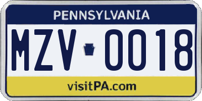 PA license plate MZV0018