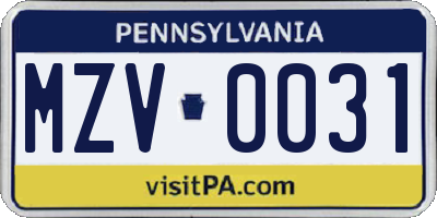 PA license plate MZV0031