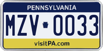 PA license plate MZV0033