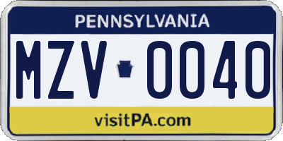 PA license plate MZV0040