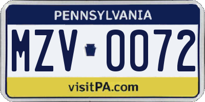 PA license plate MZV0072