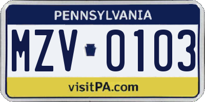 PA license plate MZV0103