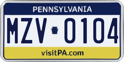 PA license plate MZV0104