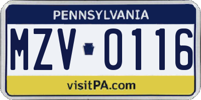 PA license plate MZV0116