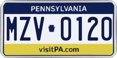 PA license plate MZV0120