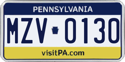 PA license plate MZV0130