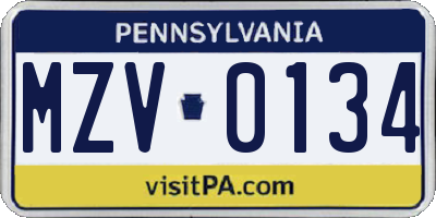 PA license plate MZV0134