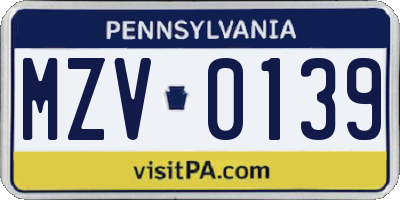 PA license plate MZV0139