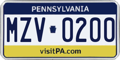 PA license plate MZV0200