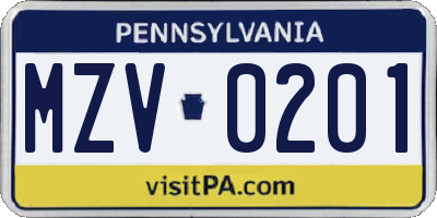 PA license plate MZV0201