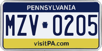PA license plate MZV0205