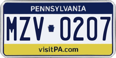 PA license plate MZV0207