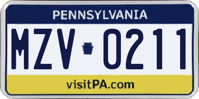 PA license plate MZV0211