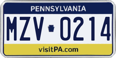 PA license plate MZV0214