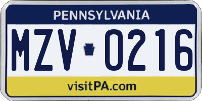 PA license plate MZV0216