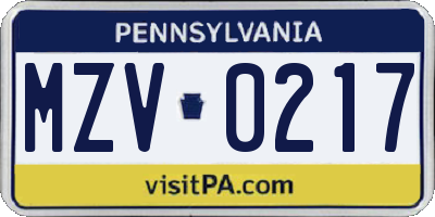 PA license plate MZV0217
