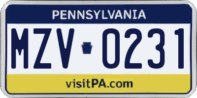 PA license plate MZV0231