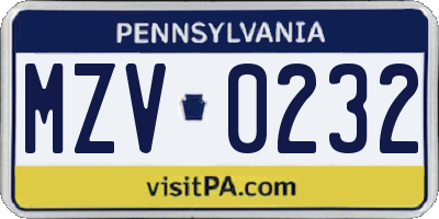PA license plate MZV0232