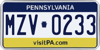 PA license plate MZV0233