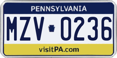 PA license plate MZV0236