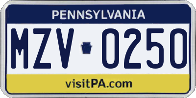 PA license plate MZV0250