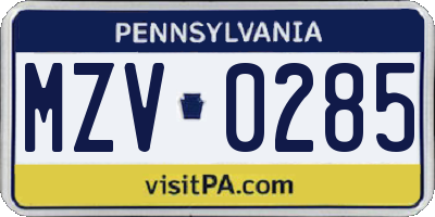 PA license plate MZV0285