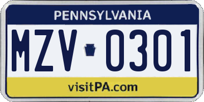 PA license plate MZV0301