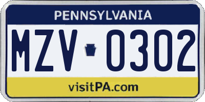 PA license plate MZV0302