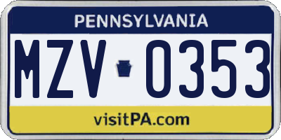 PA license plate MZV0353