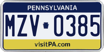PA license plate MZV0385